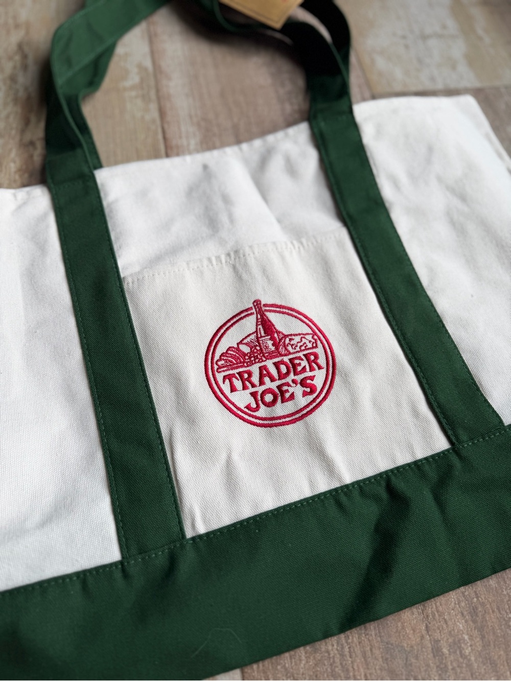 Trader Joe's Canvas Large Tote Bag in Cream and Forest Green